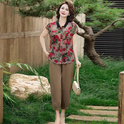 Summer 2025 Plus Size Cotton Linen Comfortable Women's Two-piece T-shirt+pants Buttoned T-shirt Set Outdoor Retro