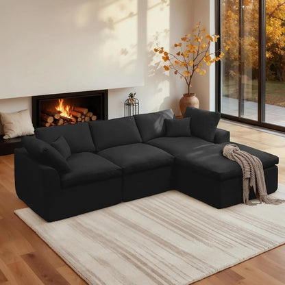110" Modular Sectional Sofa with Ottoman, Deep Seat Fluffy Chenille L-Shape Couch for Living Room, Beige, Customized