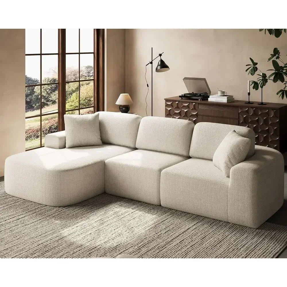 107 L-Shaped Sectional Sofa with Chaise, No Assembly, Ivory Beige Bouclé-Style Upholstery for Living Room