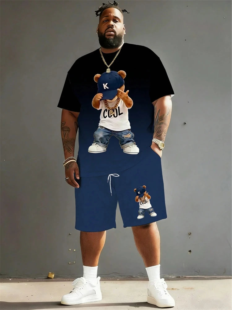 2026 Summer Men 2-Piece Set Fun Cartoon Bear Print Short-Sleeve T-Shirt and Shorts Set Sporty Style Plus Size Fashionable Outfit