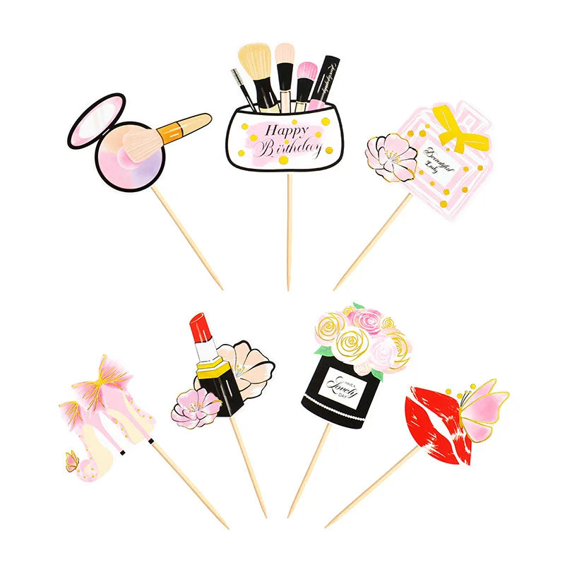Perfume Lipstick Makeup Brush Cake Topper DIY Women Cupcake Cake Flags Kids Girl Happy Birthday Bride Party Baking DIY Decor