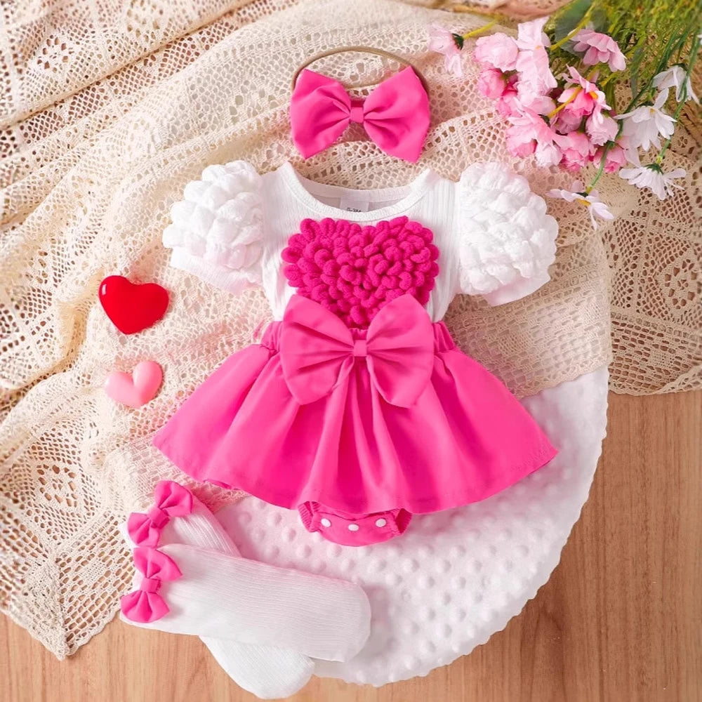 Baby Girl Bodysuit Dresses Short Sleeve Heart Shape Bow Romper Infants Onesies With Socks Headband 3pcs Sets For Newborn Girls