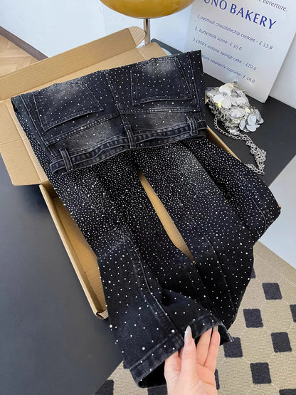 Glittering Rhinestone Denim Pants Women's Jeans New Wide Leg Design Sensation Floor-Length Pants Loose Jeans
