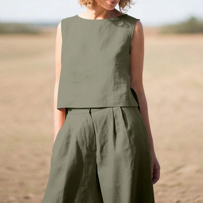 Summer Cotton And Linen Casual Outfits Female Fashion Solid Color Two-piece Set For Women Sleeveless Top Trousers Women's Suit