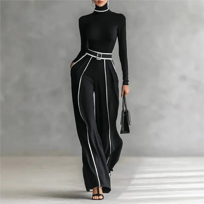Women Long Sleeve Knit Pullover Two-Piece Set Elegant High Neck Slim Top+Wide leg Pants Spring Autumn new Outfit Suit