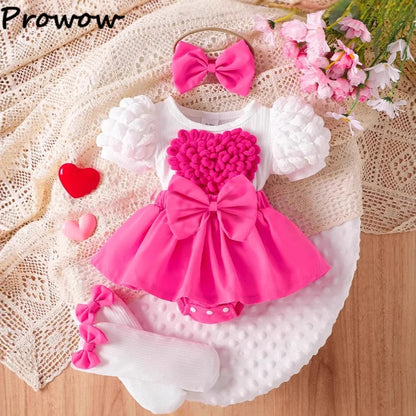Baby Girl Bodysuit Dresses Short Sleeve Heart Shape Bow Romper Infants Onesies With Socks Headband 3pcs Sets For Newborn Girls
