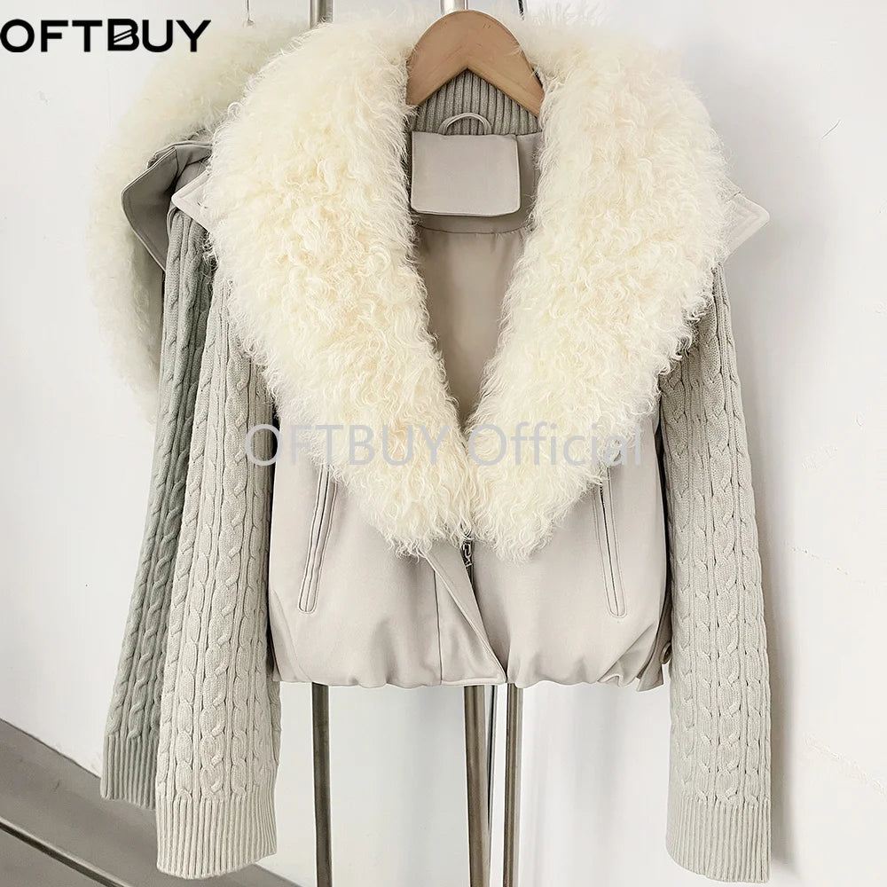 OFTBUY Women Winter Real Lamb Wool Fur Collar 90 White Duck Down Jacket Cable Knit Sleeve Zipper Drawstring Cropped Coat