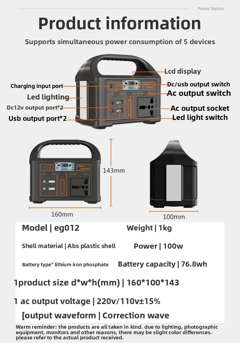 100W 76.8Wh Portable Power Station Solar Generator Outdoor Emergency Mobile 24000mAh LiFePO4 Power Bank For Camping Power LED
