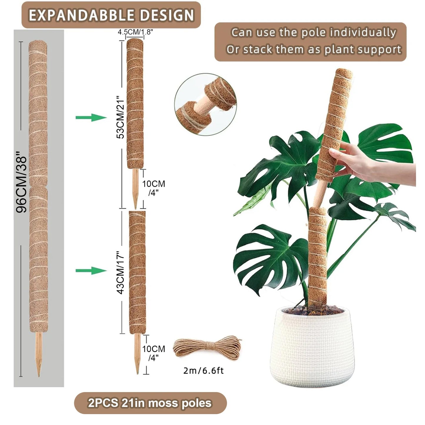 Moss Pole 38/43/53CM Monstera Plant Support Stackable Moss Poles for Plants Coir Totem Pole Tall Moss Pole for Climbing Plants