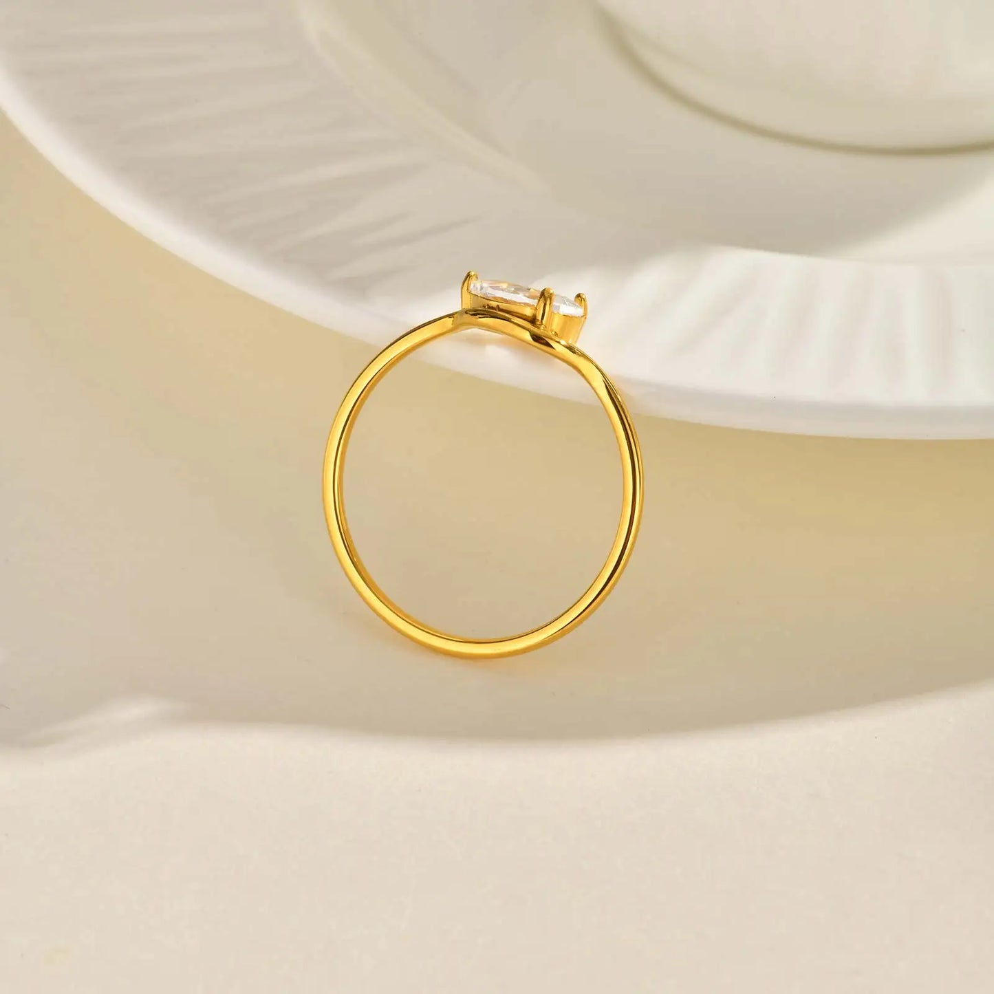 Minimalist Water Drop White Zircon Women Ring, Wave Drop Stainless Steel Ring, 18K Gold Plated Waterproof Luxury Jewelry