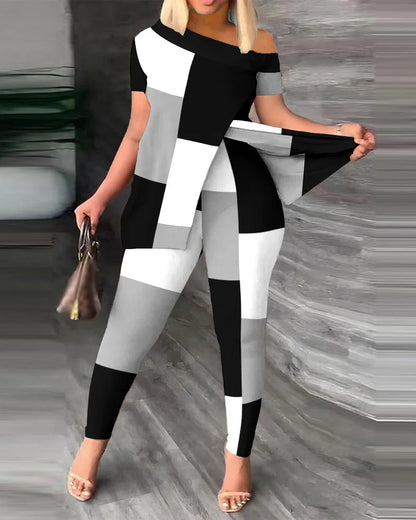 Womens Two Peice Sets Summer Fashion Print Short Sleeve Suit Set Femme Casual Sporty 2Pce One-Shoulder Split Hem Tops &Pants Set
