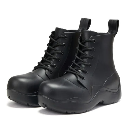 New Thick Sole Outdoor Rain Boots Women's Lace Up Fashion Solid Color Short Sleeve Four Seasons Waterproof Rain Shoes 장화 레인부츠