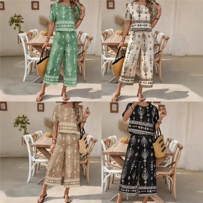 Fashion Ethnic Retro Printed Short-sleeved Women's Suit Summer New Casual Simple Elegant 7-minute Pants Female 2-piece Set 2026