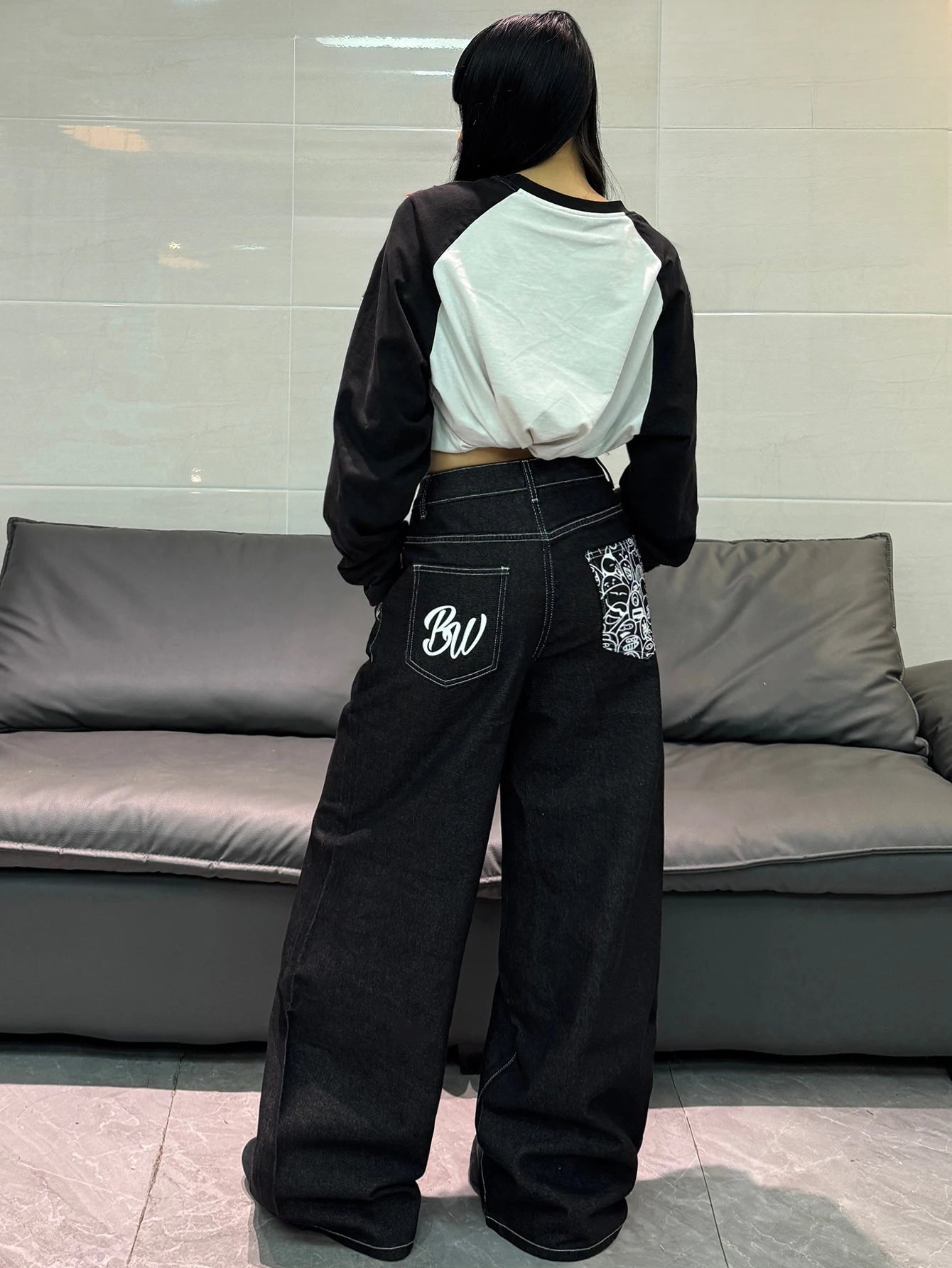 American High Street Cartoon Print Design Black Women's Loose Wide Leg Jeans Y2K Street Fashion Versatile Trousers