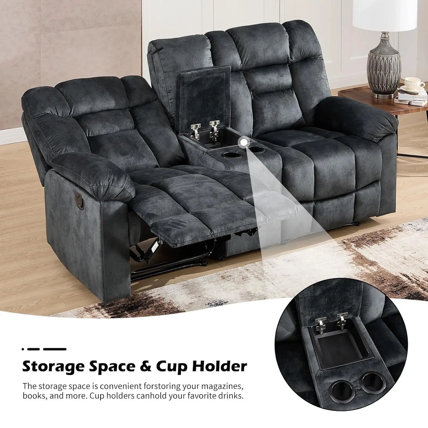 Fabric Recliner Manual Loveseat Couch for Living Room, 2 Seater Reclining Sofa Chair with Storage and Cup Holders,, Custom