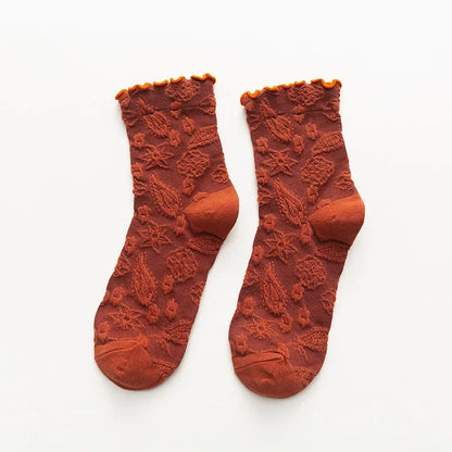 Harajuku Retro Vintage Frilly Ruffle Socks Women Korean Fashion Lace Flower Crew Socks Ethnic Japanese Kawaii Girls Cute Socks