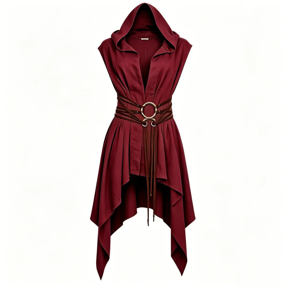 Women Irregular Hem Renaissance Elf Tunic Robe Medieval Ranger Hooded Sleeveless Cloak Belt for LARP Halloween Witch Hunter