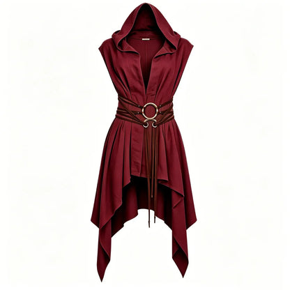 Women Irregular Hem Renaissance Elf Tunic Robe Medieval Ranger Hooded Sleeveless Cloak Belt for LARP Halloween Witch Hunter