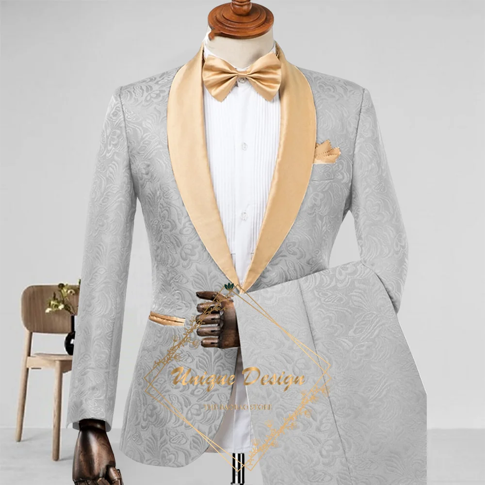 Champagne Men's Suit 2-Piece Set Satin Shawl Lapel Jacquard Jacket Pants Elegant Set for Wedding Groom Summer Party Dating Prom