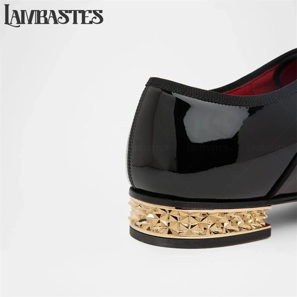 Gold Geometric Heel Patent Leather Mens Loafers Polished Glossy Upper Red Lining Formal Dress Shoes Embossed Gold Heel Loafers