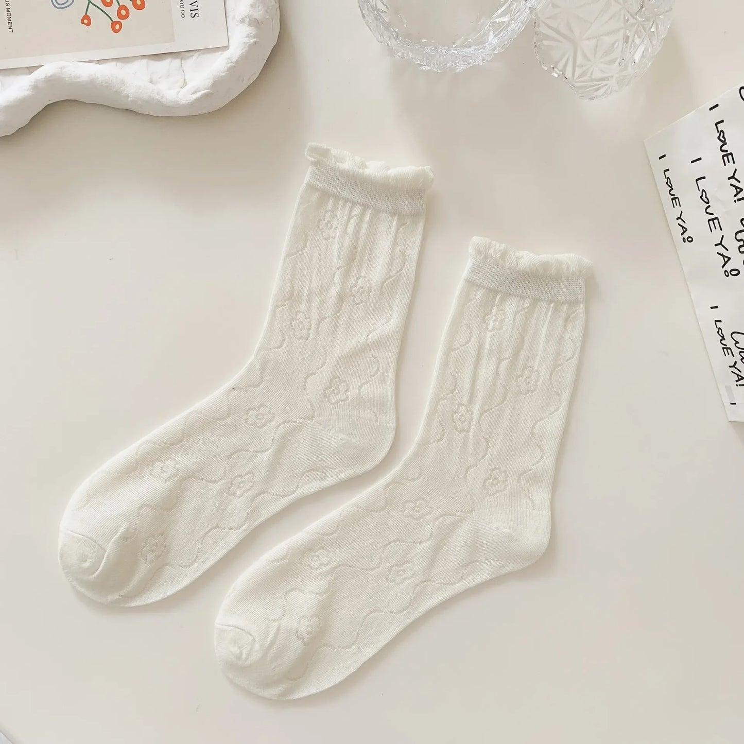 Transparent Crystal Silk Socks Women Fashion Ultra-thin Summer Harajuku Crew Socks Flower Streetwear Elastic Long Mesh Socks