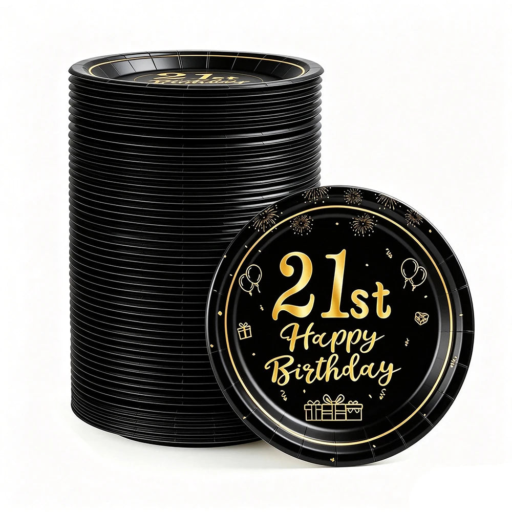 8-40pcs Men Women Adult 18th 30th 40th 50th 60th Birthday Party Decoration Supplies Black Gold Disposable 7/9inch Paper Plates