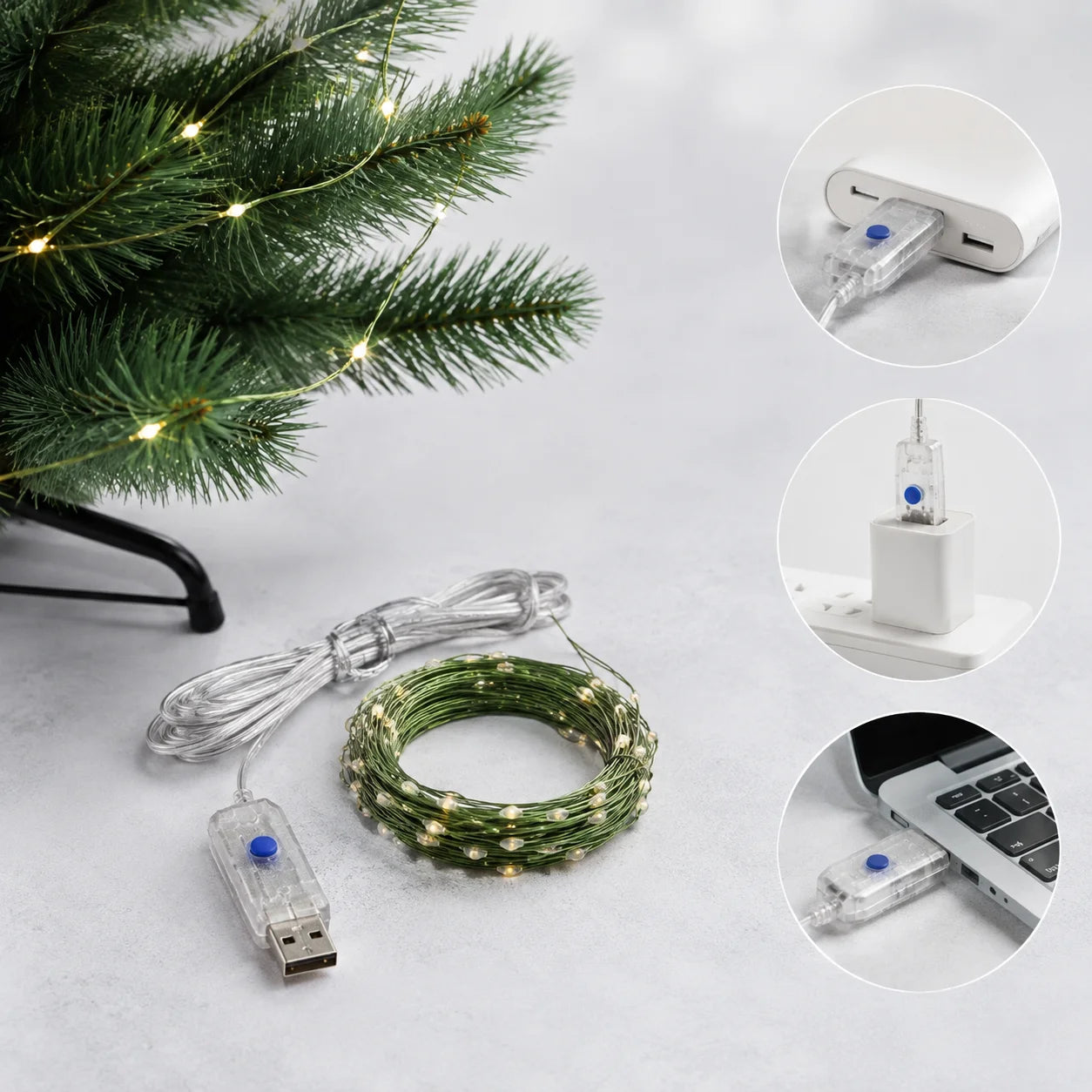 Artificial Christmas Tree 120-210cm PET Pine Needle Xmas Tree Optional USB Warm White Cool White Multicolor Lights Metal Stand