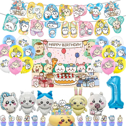 Chiikawa kawaii Happy Birthday Party Decorations Cute plate Banner Cake Topper Flag Balloons Disposable tableware Decorations