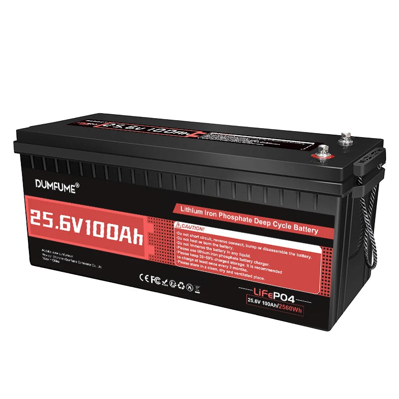 Dumfume 24V 100Ah LiFePO4 Lithium Battery With 100A BMS 2560W Power Output Solar Off-grid Systems Trolling Motor RV Home Backup