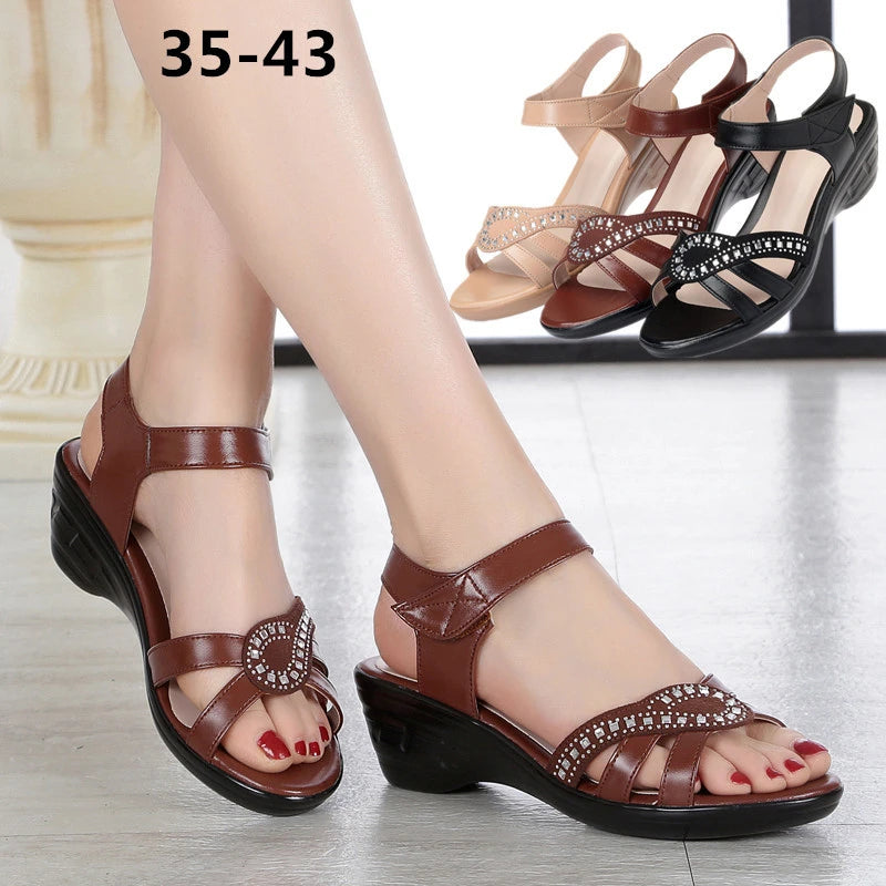Women Spring Summer Rhinestone Wedge Sandals Comfort Mid Heel Anti-slip Soft Sole Elderly Mom Shoes Breathable Casual Ladies