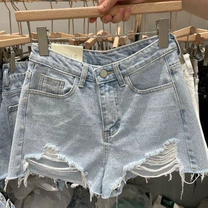 Trendy Women's Ripped Loose Fit High Waist Cotton Stretch Denim Shorts Frayed Hem A-Line Style Korean Version Summer Hot Pants