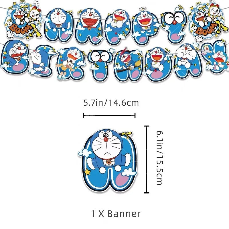 Doraemoned Balloons Cartoon Blue Jingle Cat Party Decoration Supplies Happy Birthday Banner Disposable Tableware Kid Cake Topper