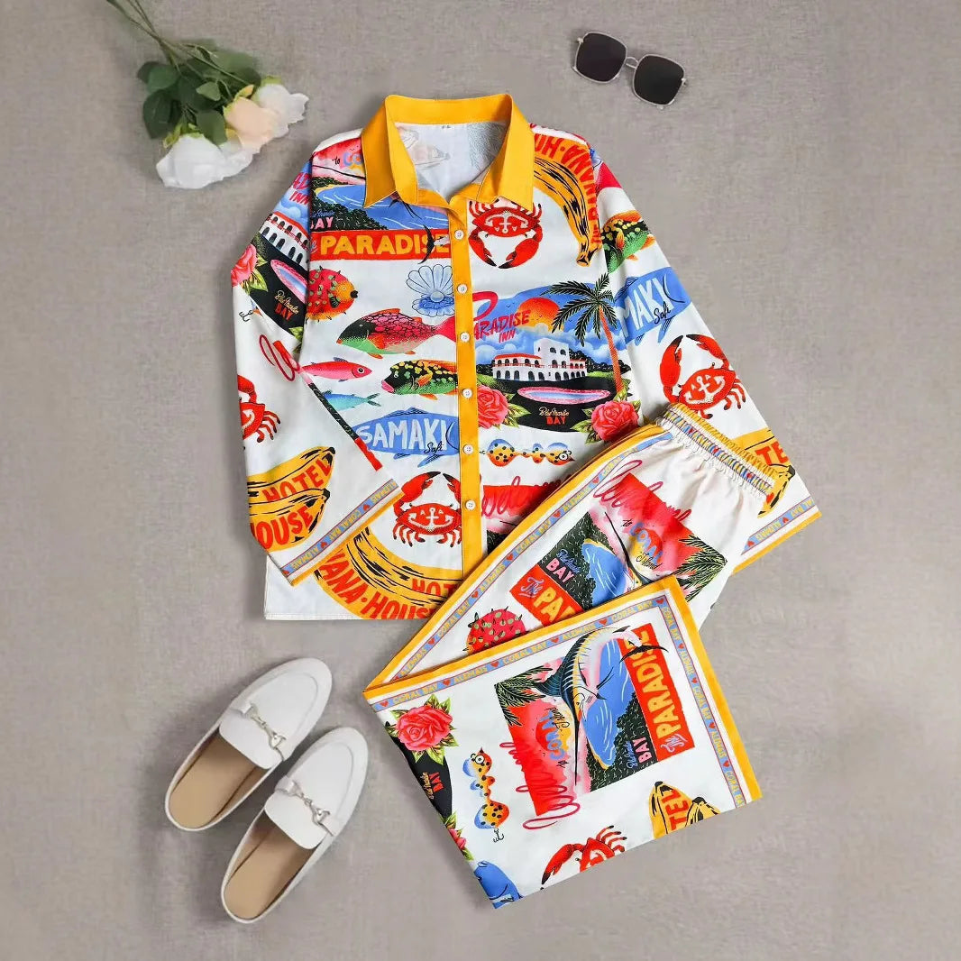 Fashion Print Beach Holiday 2-Piece Set Women Spring Summer Long Sleeve Shirt Top + Wide Legs Women's Oversized Two-Piece Outfit