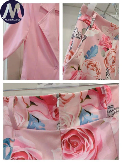 2 Pieces Women's Korean Fashion Set Spring Summer Casual Long Sleeve Blazer Coats with Elegant Printing Belt And Shorts