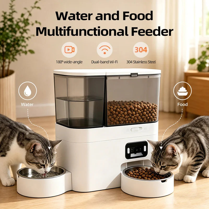 Pet Food and Water Dispenser 5L+3L Button WiFi Camera Tuya APP Automatic Smart Cat Feeder for Cats Dogs Stainless Steel Bowl