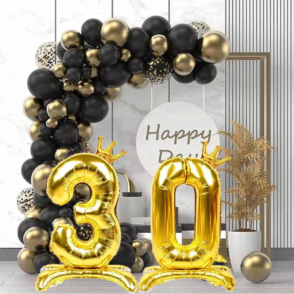 32 Inch Gold Number Stand Foil Balloons with Crown Digital Figures Globos 0-9 Birthday Party Wedding Decoration Kids Baby Shower