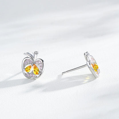 Ailmay Real 925 Sterling Silver Cute Fine Apple Rainbow Zirconia Fruit Stud Earrings For Women Girls Party Accessories Jewelry