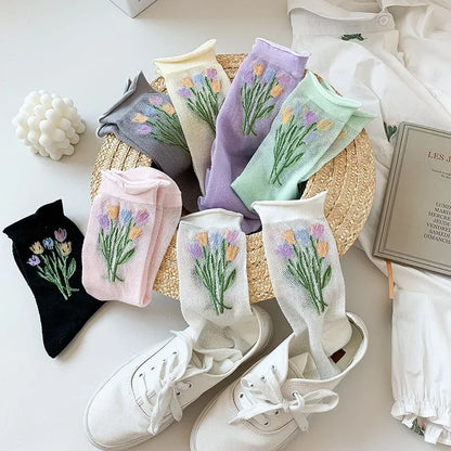 Transparent Crystal Silk Socks Women Fashion Ultra-thin Summer Harajuku Crew Socks Flower Streetwear Elastic Long Mesh Socks