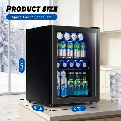 2.6 Cu.Ft Beverage Refrigerator Cooler, 100 Can Mini Fridge, Black | 32°F to 50°F, Compressor Cooling, Glass Door, 40 dB, Adjustable Temperature Control, 2 Shelves, Energy Efficient