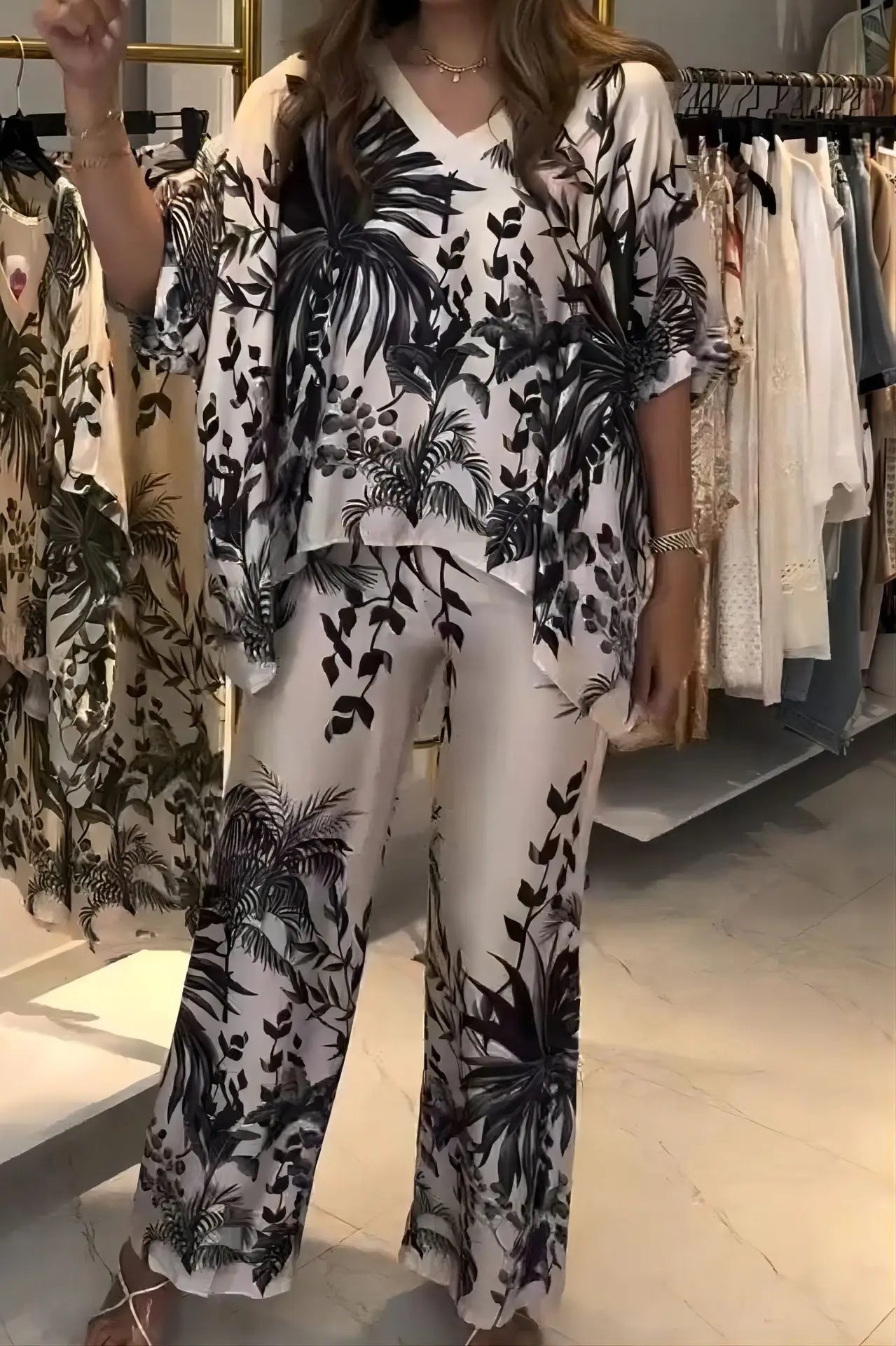 Fashion Short-sleeved V-neck Top + Wide-leg Pants 2-piece Set Women Elegant Spring Loose Irregular Top Floral Print Suit Female