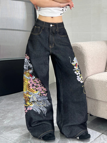 1 Pc American Retro Dragon And Tiger Embroidered Loose Jeans For Women, Street Hip-Hop Fashion Versatile Black Wide-Leg Pants