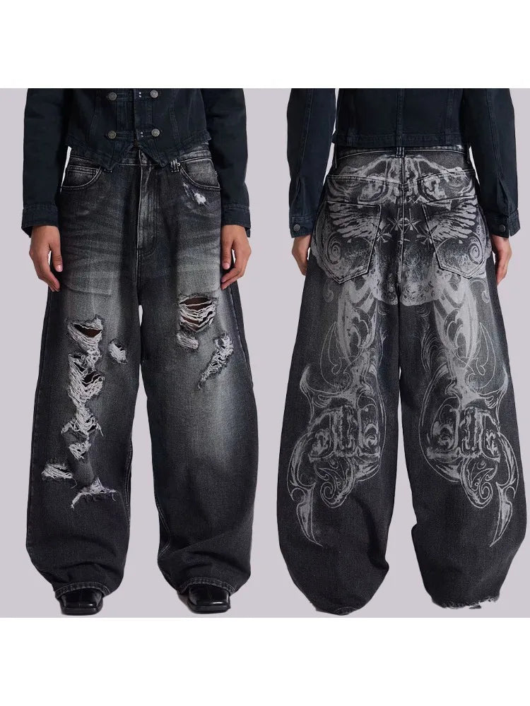 HOUZHOU Y2k Gothic Vintage Graphic Women Man Ripped Jeans Grunge Washed Wide Leg American Style Denim Trousers Baggy High Street