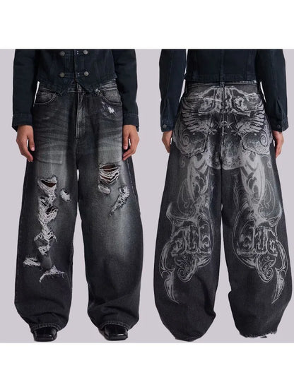 HOUZHOU Y2k Gothic Vintage Graphic Women Man Ripped Jeans Grunge Washed Wide Leg American Style Denim Trousers Baggy High Street