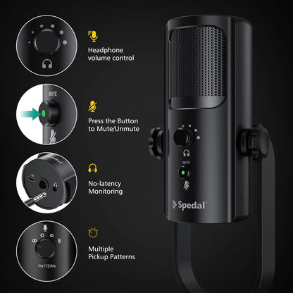 USB Microphone for PC Mac Gaming Recording Stream Podcast, Computer Condenser Mic with Phone Adapter Headphone Output