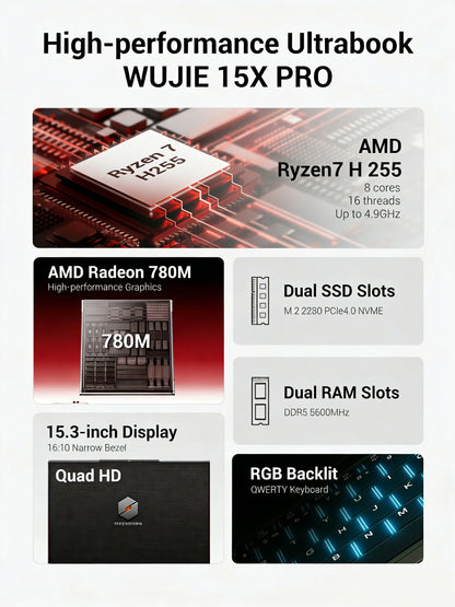 Firebat Wujie 15X Pro - Amd Ryzen 7 H255, 32Gb Ddr5 Ram, 1Tb Pcie 4.0 M.2 Ssd, Wi‑Fi 6 + Bluetooth 5.2, 15.3" 2.5K 120Hz Display, Windows Gaming Laptop