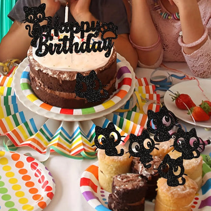 Black Cat Cake Topper Happy Birthday Kids Party Oh Baby Shower Animal Them Cupcake Topper Flags Decoration Baking Supplies DIY