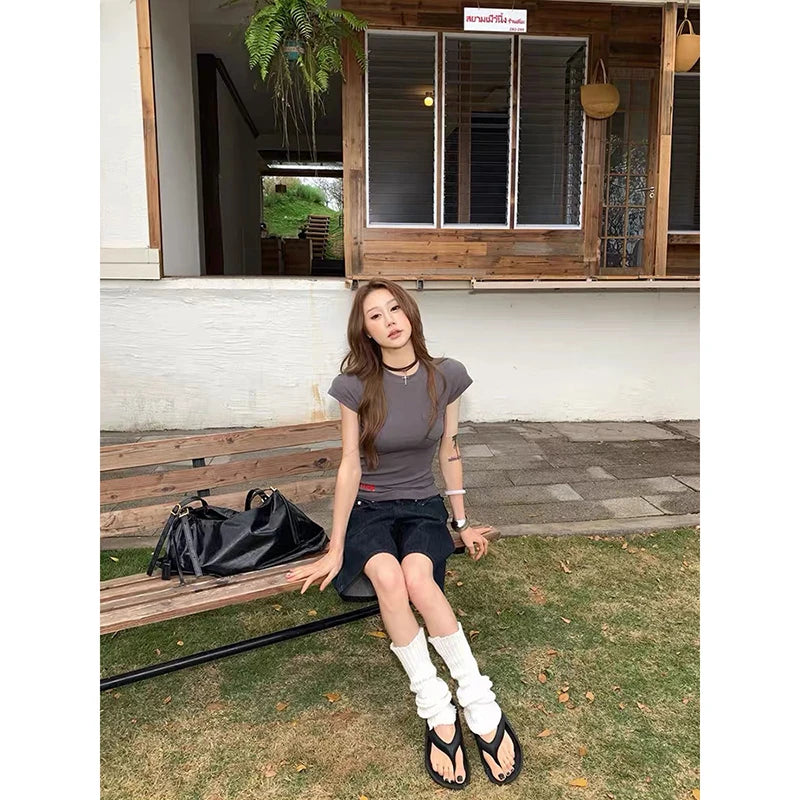 YIBASHU Summer Women American Retro Jorts Punk Jean Shorts Black Y2K 2000s Harajuku Denim Calf-Length Pant Japanese High Street