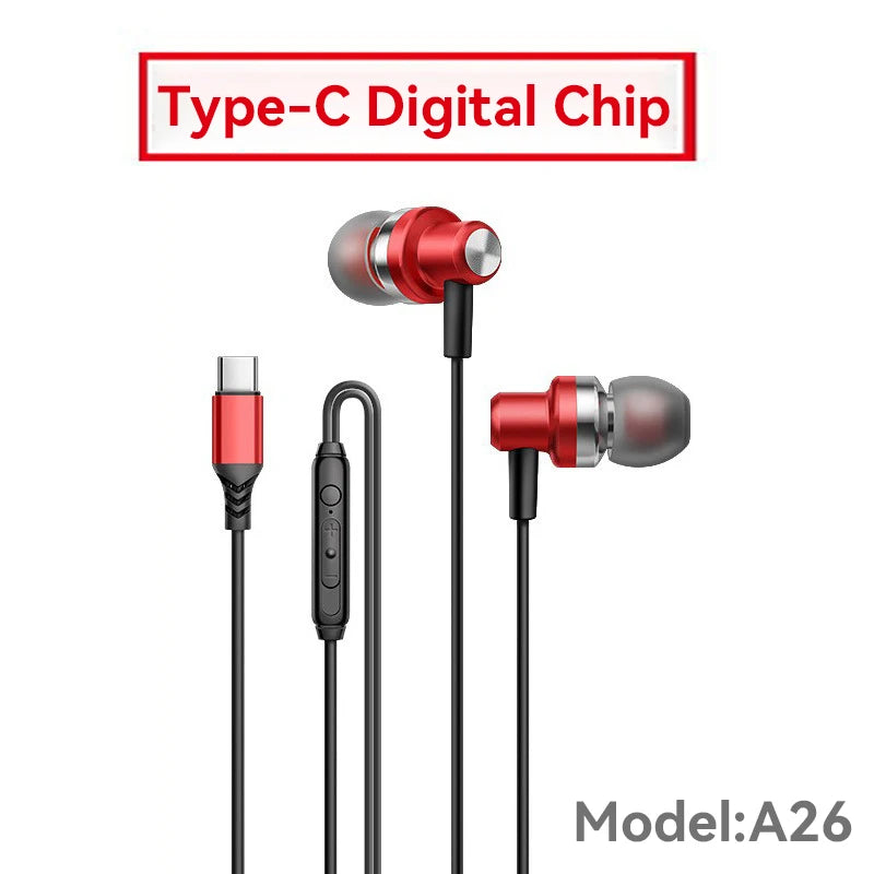 9D HIFI Heavy Bass Gaming Headphones Type-C Digital Chip Metal Magnetic Music Earbuds with Microphone In-Ear Headphone Universal