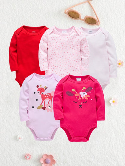 3/5/6 Pcs/Set  Baby Girls Clothing Set Red Deer Christmas Cute Printing Baby Bodysuit Long Sleeve Kids Rompers Cotton for 3-24M
