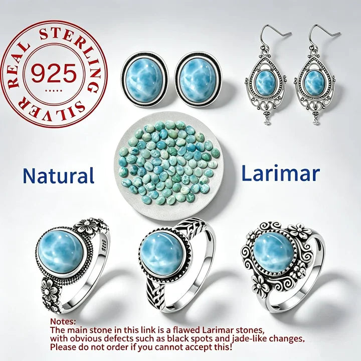 Vintage 925 Silver Ring Natural Larimar Stone Round Flower Shape Sky Blue Sea Water Ring Fine Jewelry Party Gifts For Women Men